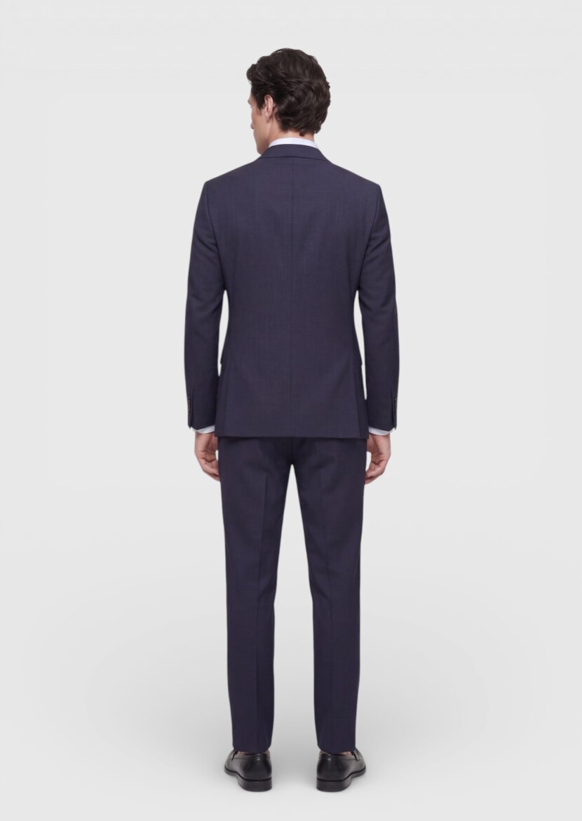 Navy Blue Plain Regular Fit 100% Wool Suit - 4