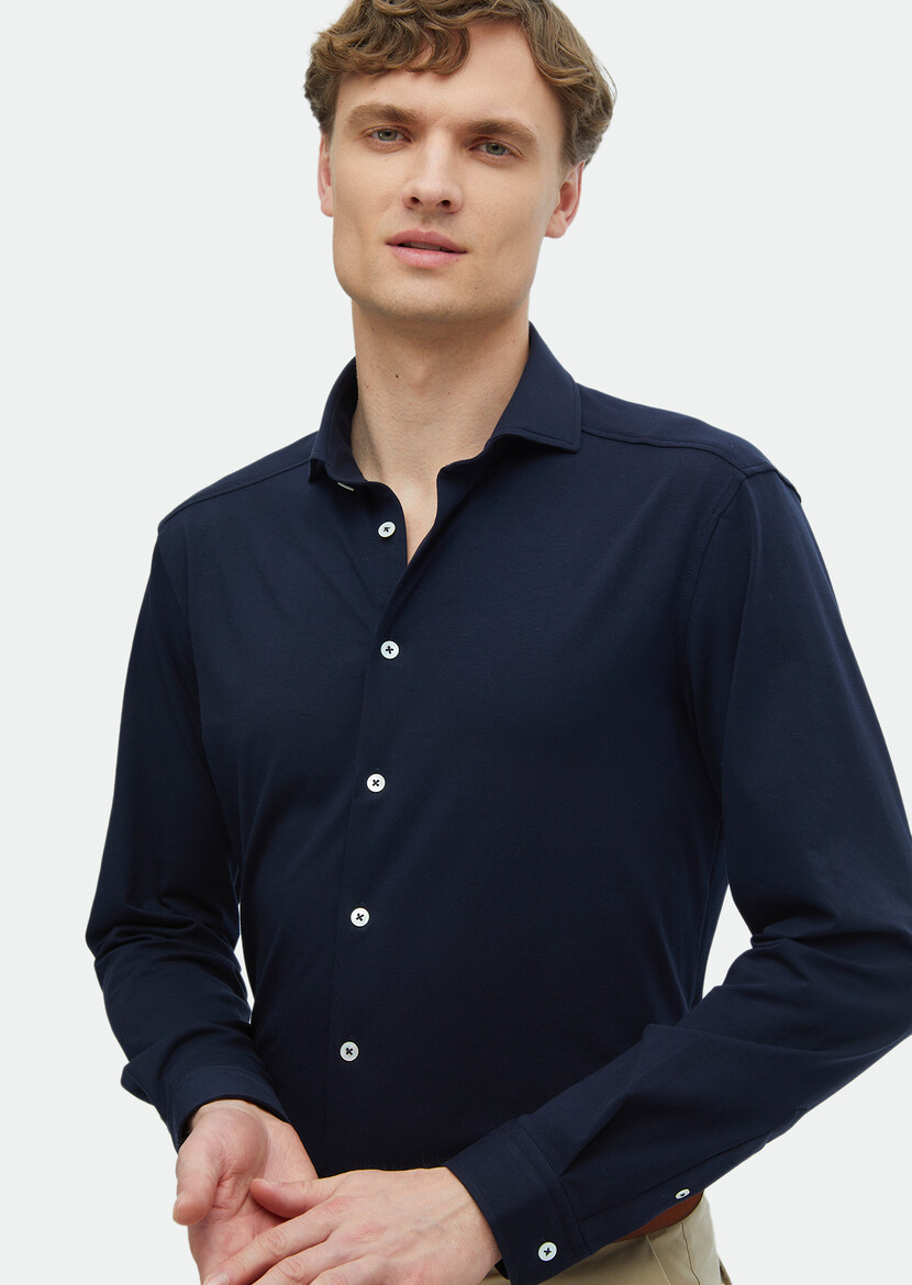 Navy Blue Plain Regular Fit Knitting Casual Cotton Blended Shirt - 3