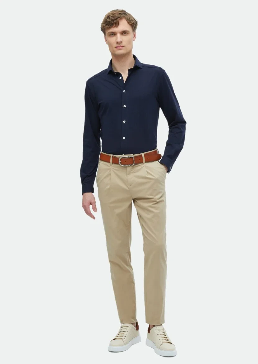 Navy Blue Plain Regular Fit Knitting Casual Cotton Blended Shirt 