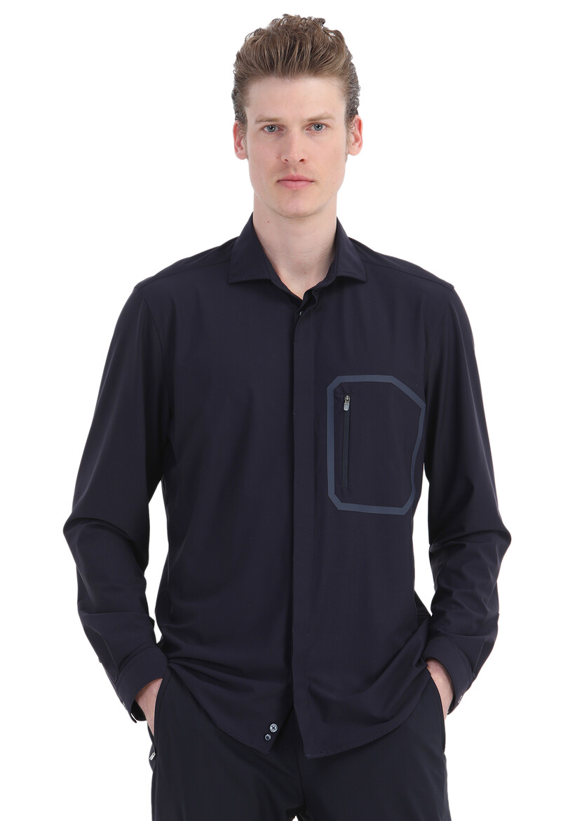 Navy Blue Plain Regular Fit Knitting Classical Shirt 