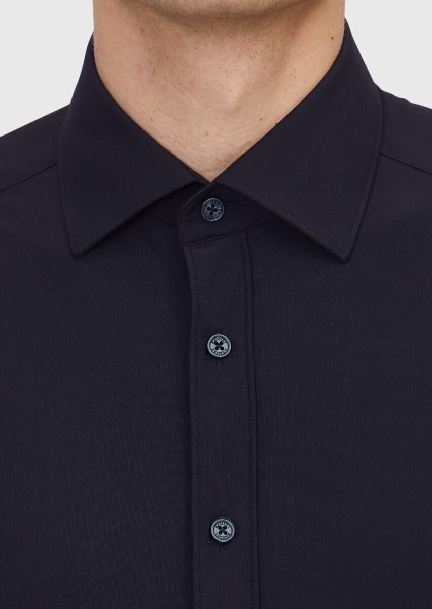 Navy Blue Plain Regular Fit Long Knitting Classical Shirt - 5