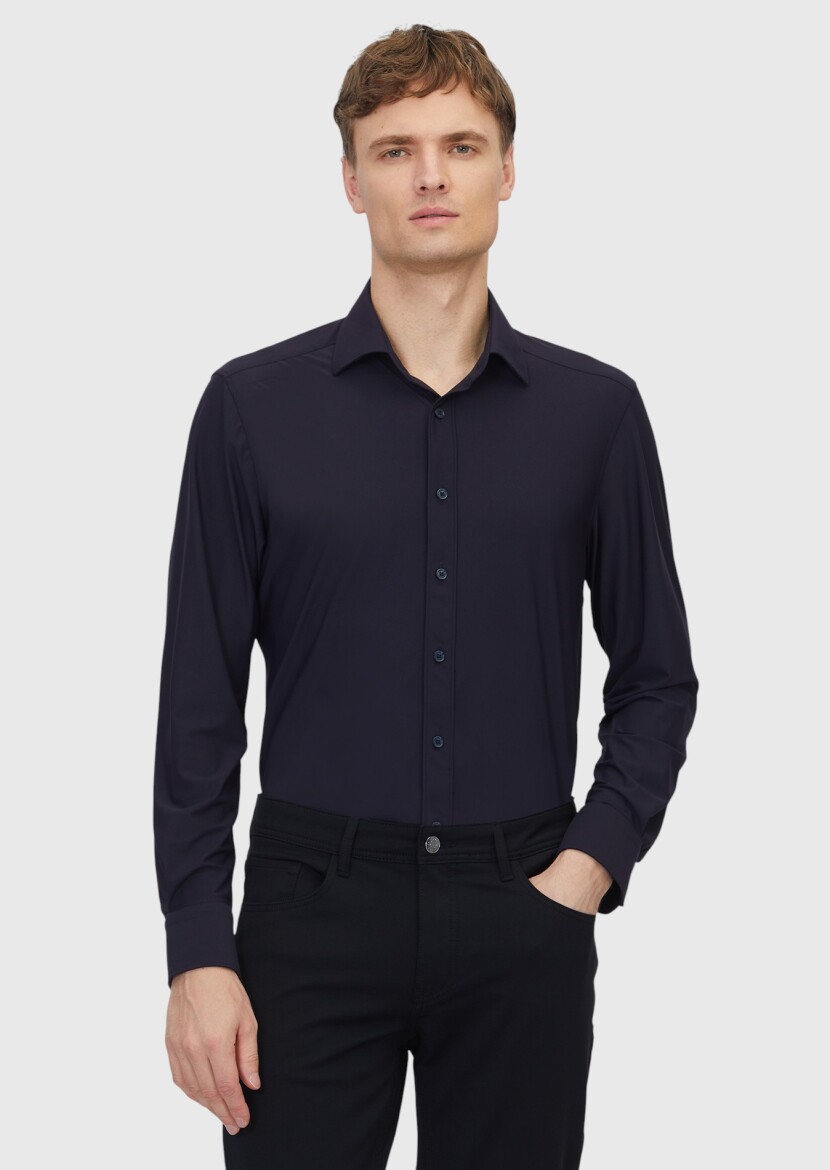 Navy Blue Plain Regular Fit Long Knitting Classical Shirt - RAMSEY