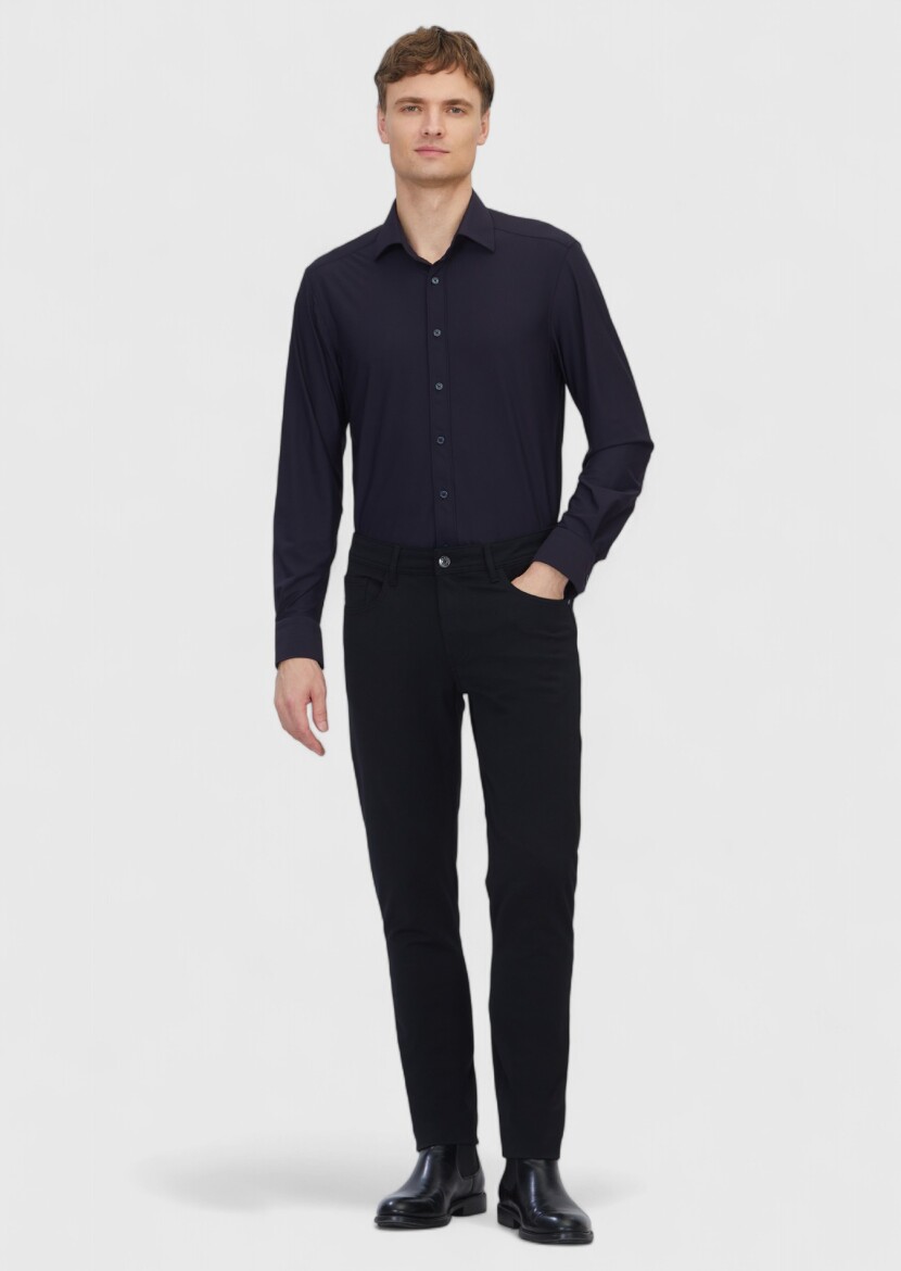 Navy Blue Plain Regular Fit Long Knitting Classical Shirt - RAMSEY