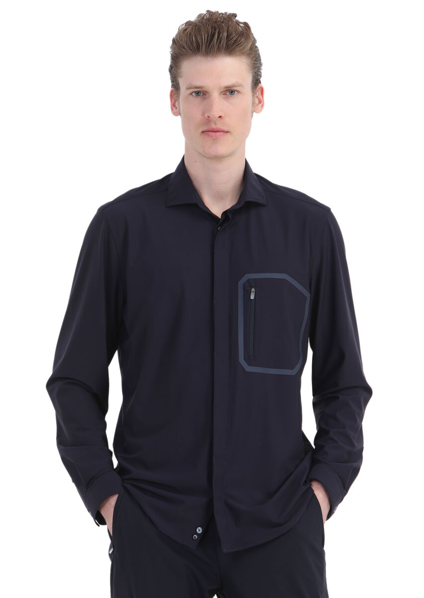 Navy Blue Plain Regular Fit Long Knitting Classical Shirt - 1