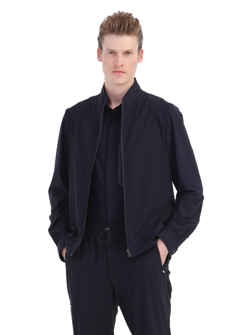 Navy Blue Plain Regular Fit Long Knitting Classical Shirt - 3