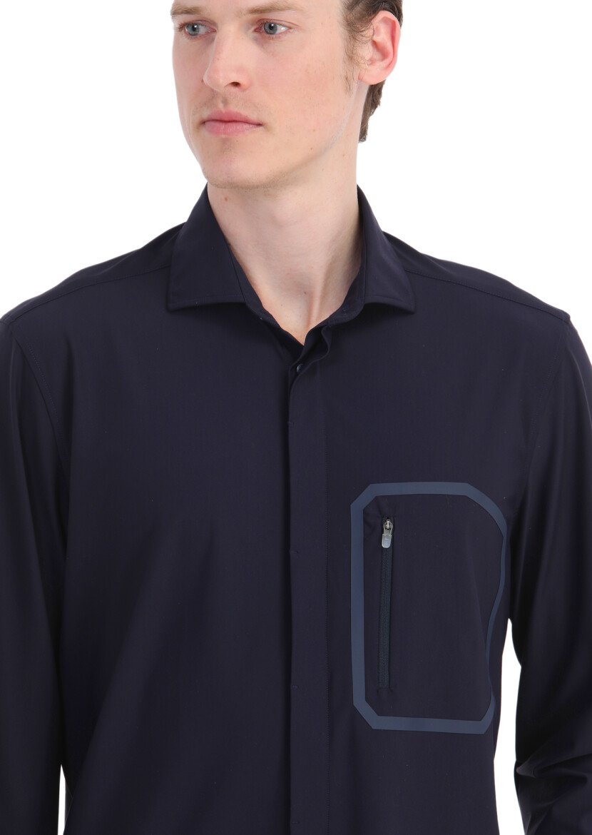 Navy Blue Plain Regular Fit Long Knitting Classical Shirt - 4