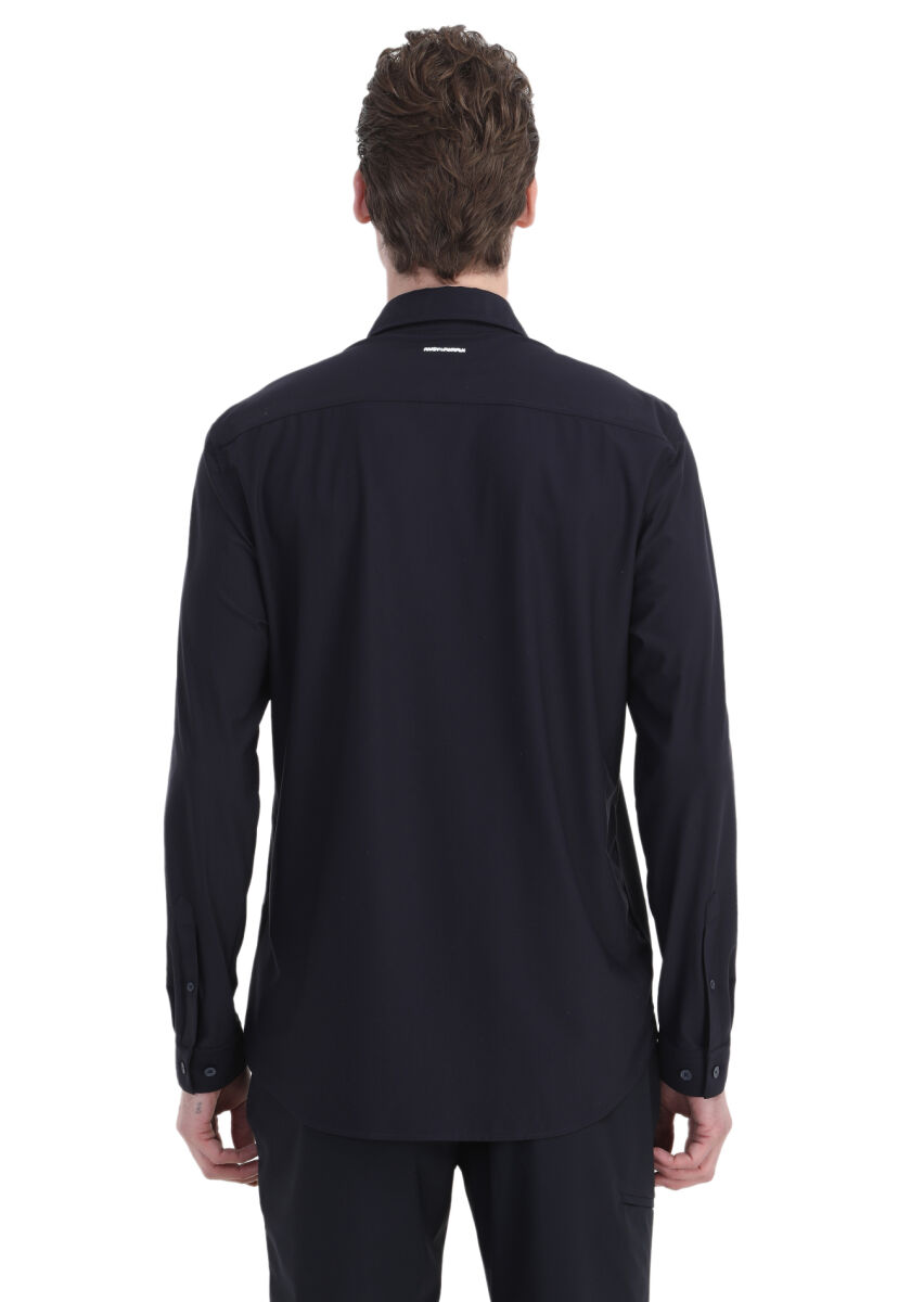 Navy Blue Plain Regular Fit Long Knitting Classical Shirt - 6