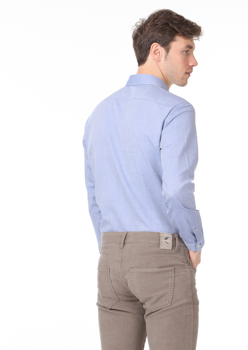 Navy Blue Plain Regular Fit Long Weaving Casual 100% Cotton Shirt - 4