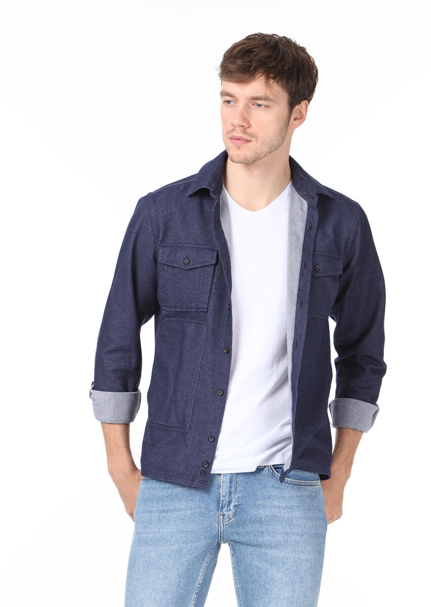 Navy Blue Plain Regular Fit Long Weaving Casual 100% Cotton Shirt - 1
