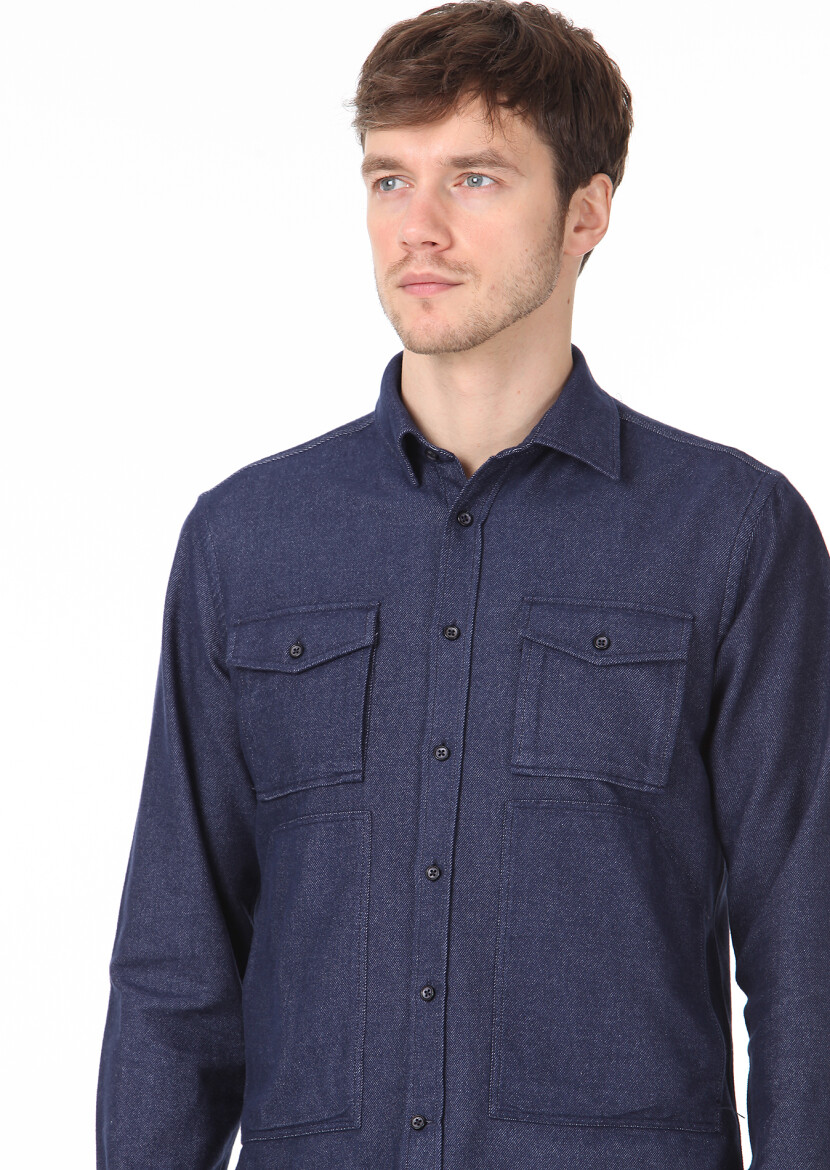 Navy Blue Plain Regular Fit Long Weaving Casual 100% Cotton Shirt - 2