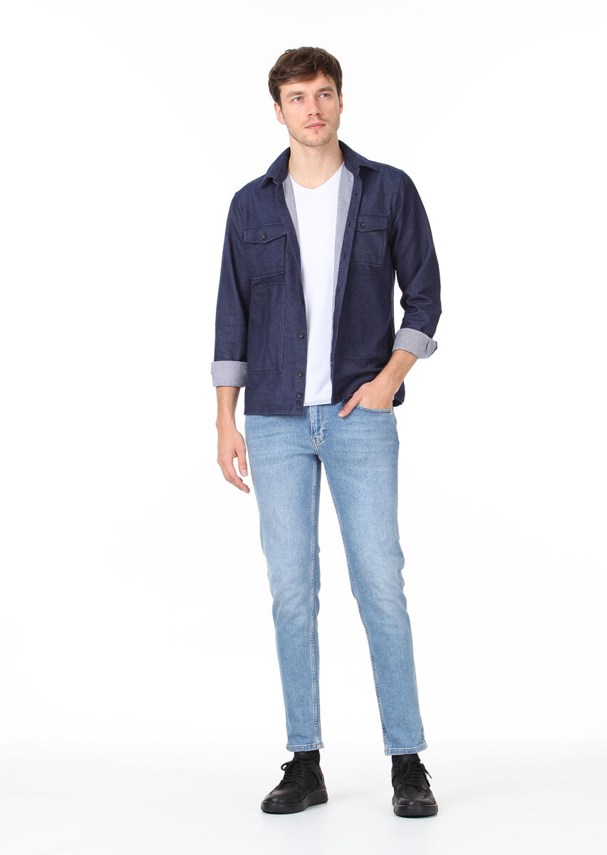 Navy Blue Plain Regular Fit Long Weaving Casual 100% Cotton Shirt - 3