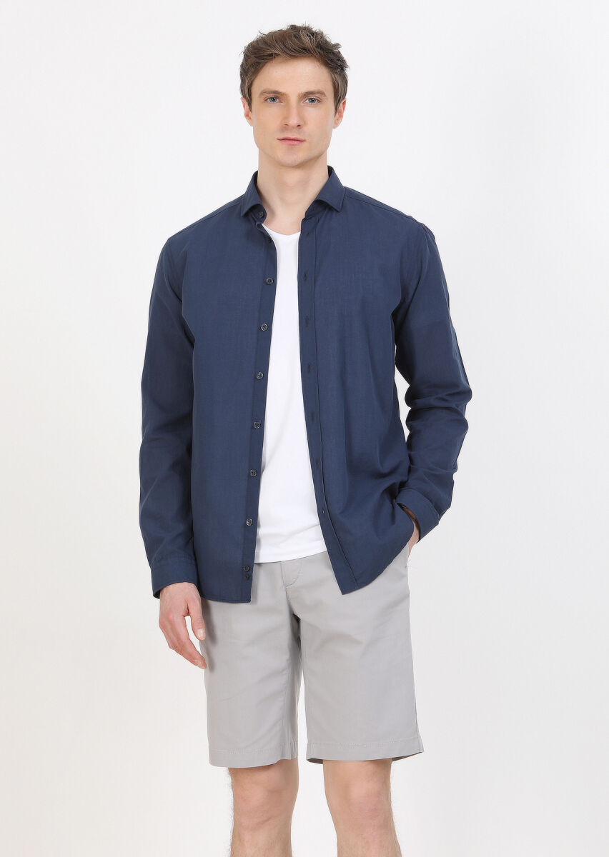 Navy Blue Plain Regular Fit Long Weaving Casual 100% Cotton Shirt - 1