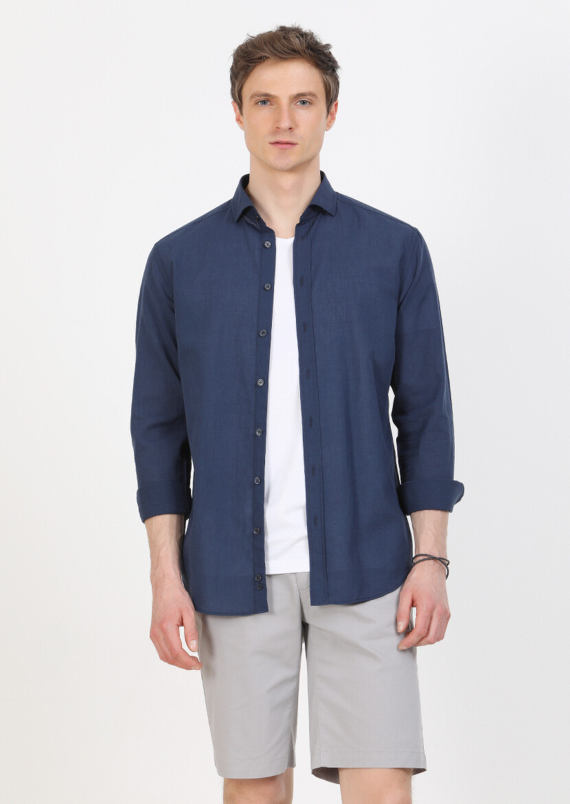 Navy Blue Plain Regular Fit Long Weaving Casual 100% Cotton Shirt 