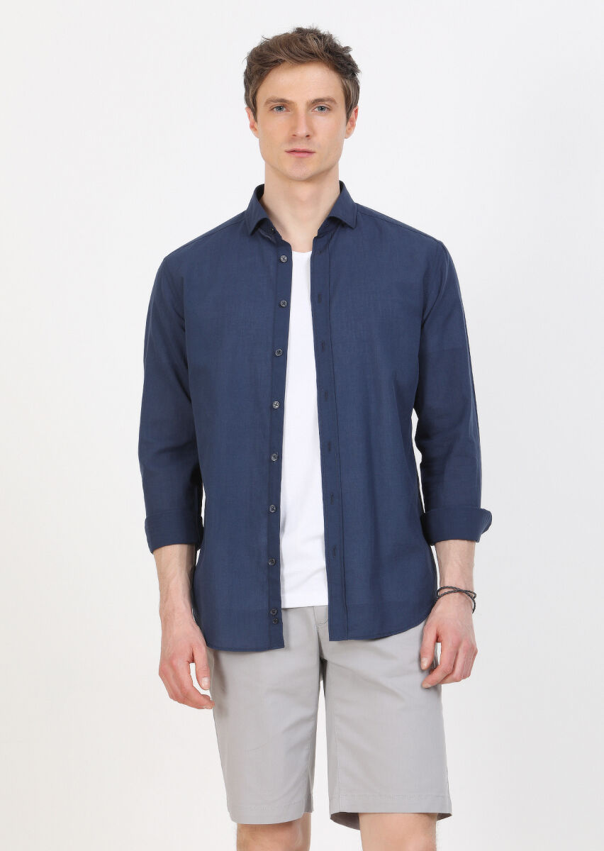 Navy Blue Plain Regular Fit Long Weaving Casual 100% Cotton Shirt - 2