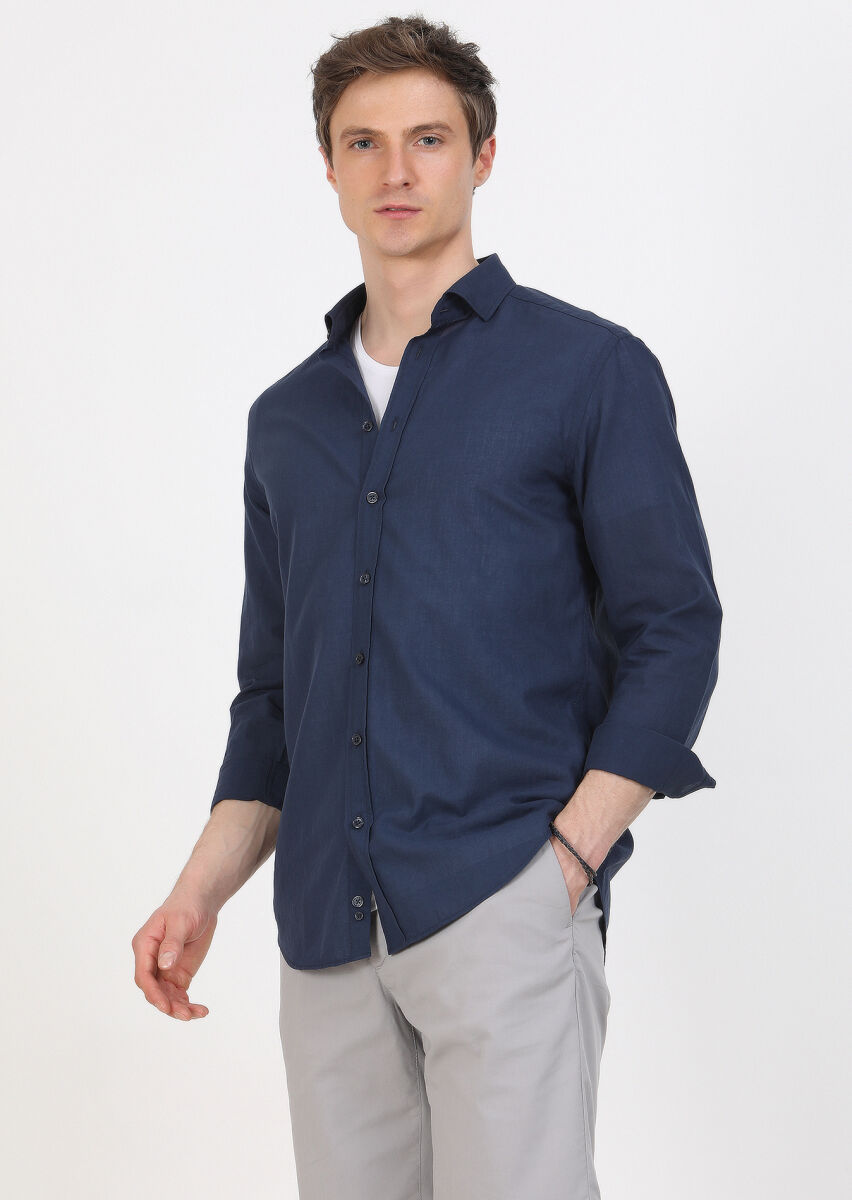 Navy Blue Plain Regular Fit Long Weaving Casual 100% Cotton Shirt - 3