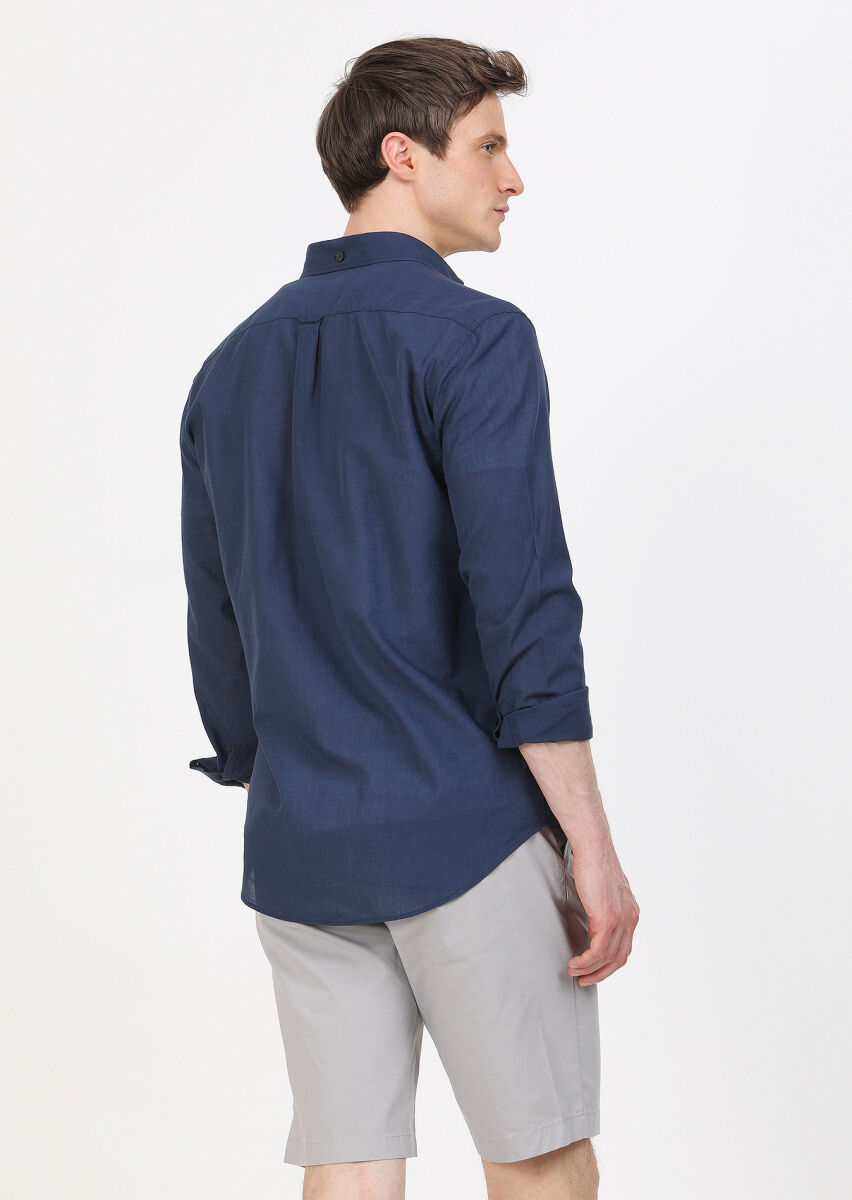 Navy Blue Plain Regular Fit Long Weaving Casual 100% Cotton Shirt - 5