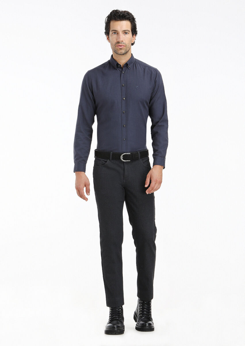 Navy Blue Plain Regular Fit Long Weaving Casual 100% Cotton Shirt - 1