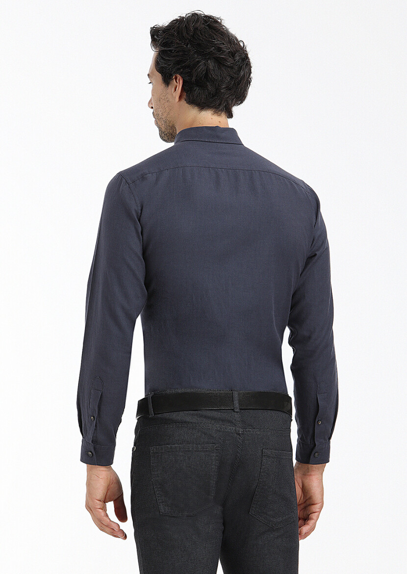 Navy Blue Plain Regular Fit Long Weaving Casual 100% Cotton Shirt - 4