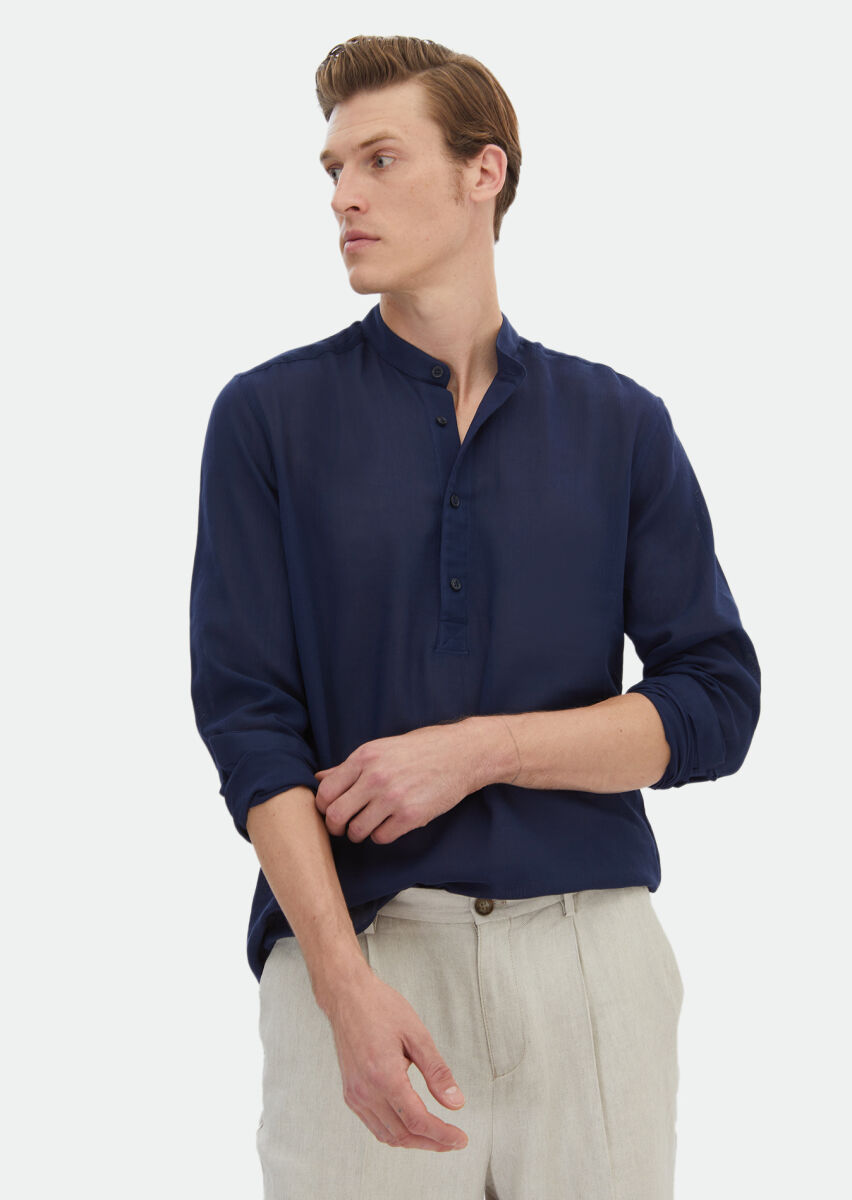 Navy Blue Plain Regular Fit Long Weaving Casual 100% Cotton Shirt - 1