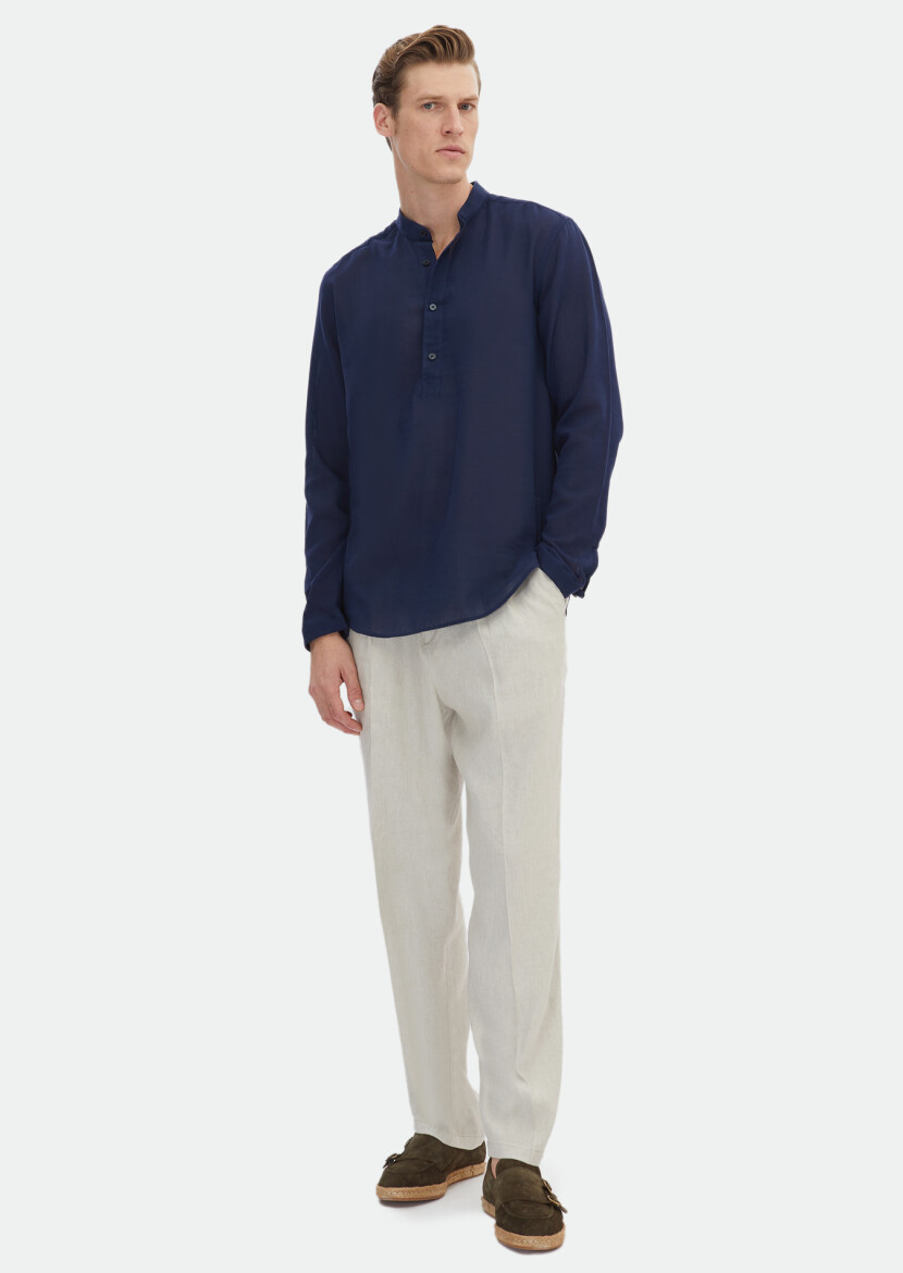 Navy Blue Plain Regular Fit Long Weaving Casual 100% Cotton Shirt - 2