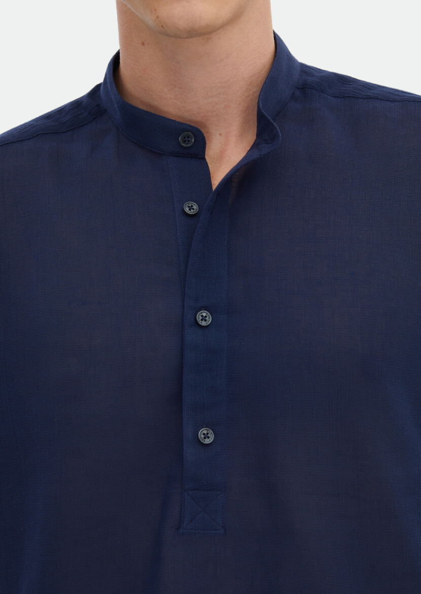 Navy Blue Plain Regular Fit Long Weaving Casual 100% Cotton Shirt - 6