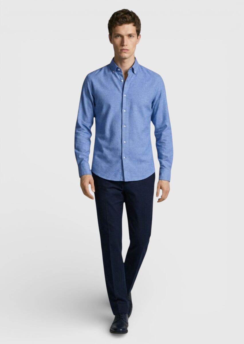 Navy Blue Plain Regular Fit Long Weaving Casual 100% Cotton Shirt - 2