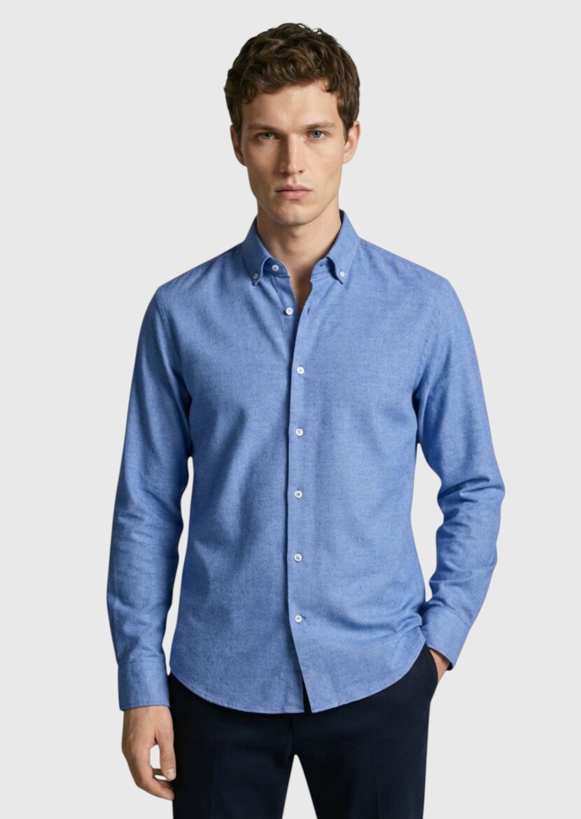 Navy Blue Plain Regular Fit Long Weaving Casual 100% Cotton Shirt - 3