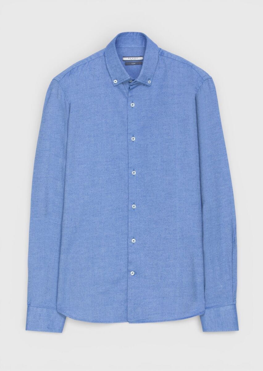 Navy Blue Plain Regular Fit Long Weaving Casual 100% Cotton Shirt - 5