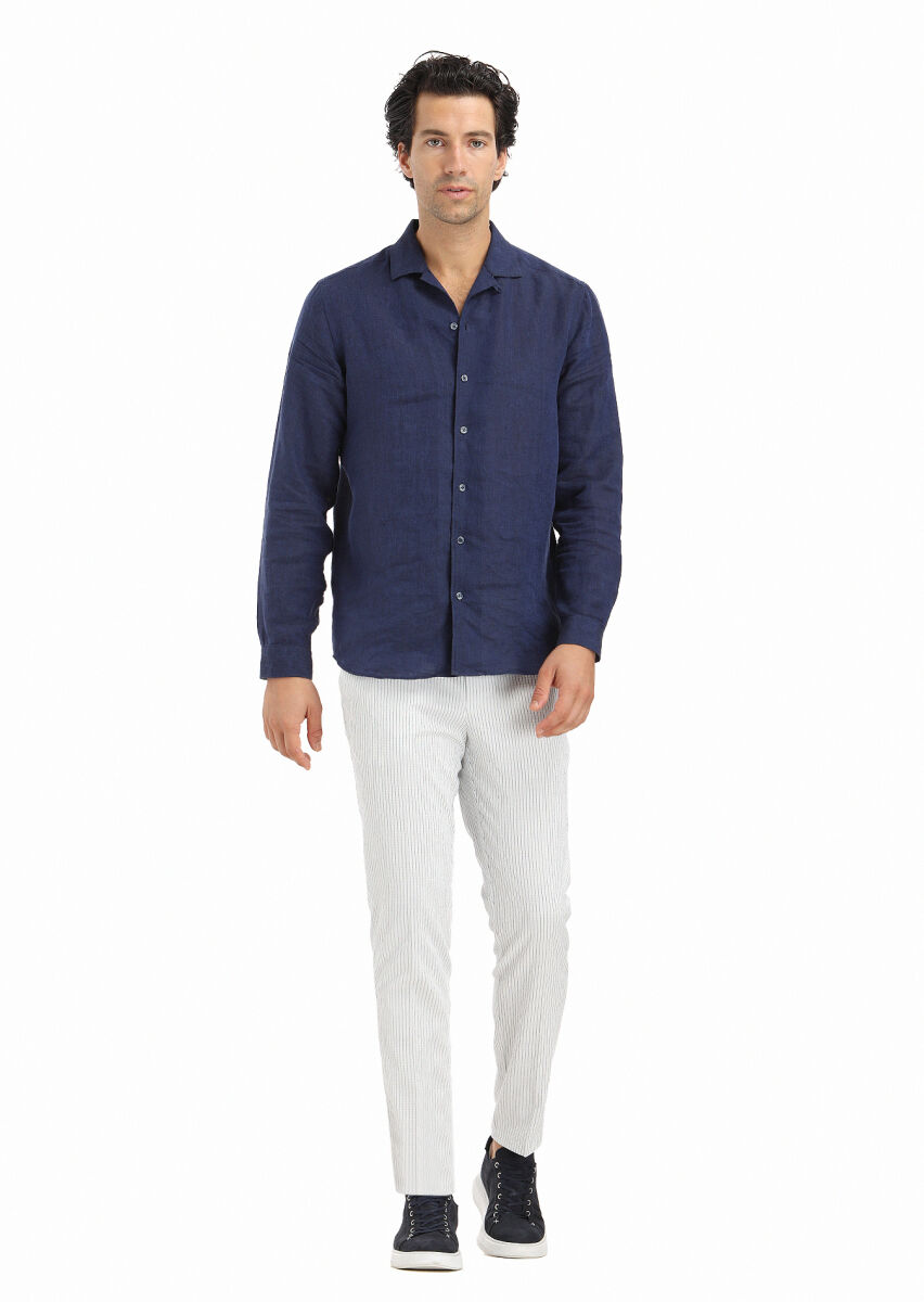 Navy Blue Plain Regular Fit Long Weaving Casual 100% Linen Shirt - 1