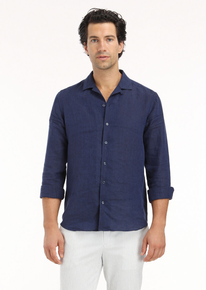 Navy Blue Plain Regular Fit Long Weaving Casual 100% Linen Shirt - 2