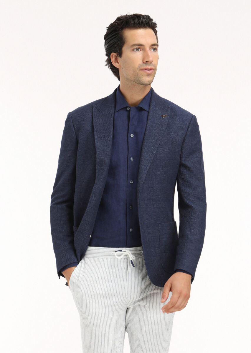 Navy Blue Plain Regular Fit Long Weaving Casual 100% Linen Shirt - 4