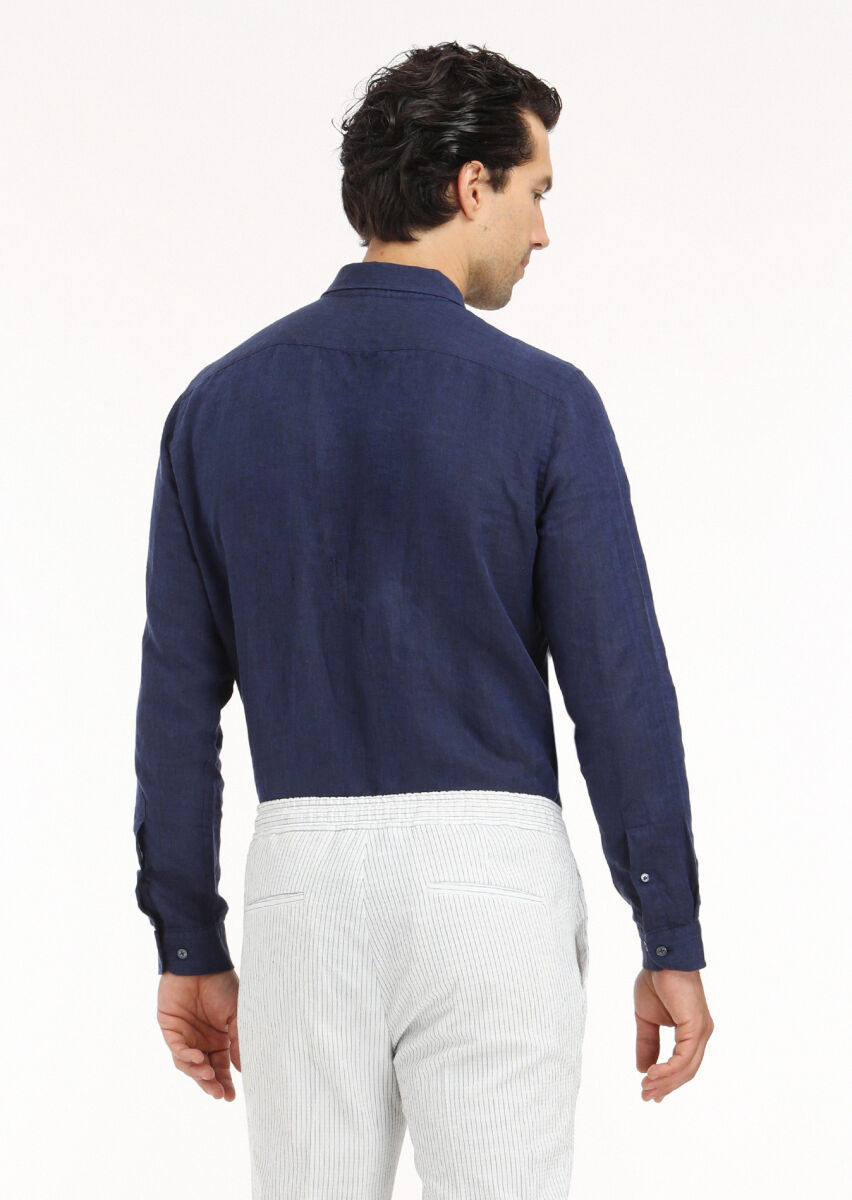 Navy Blue Plain Regular Fit Long Weaving Casual 100% Linen Shirt - 5