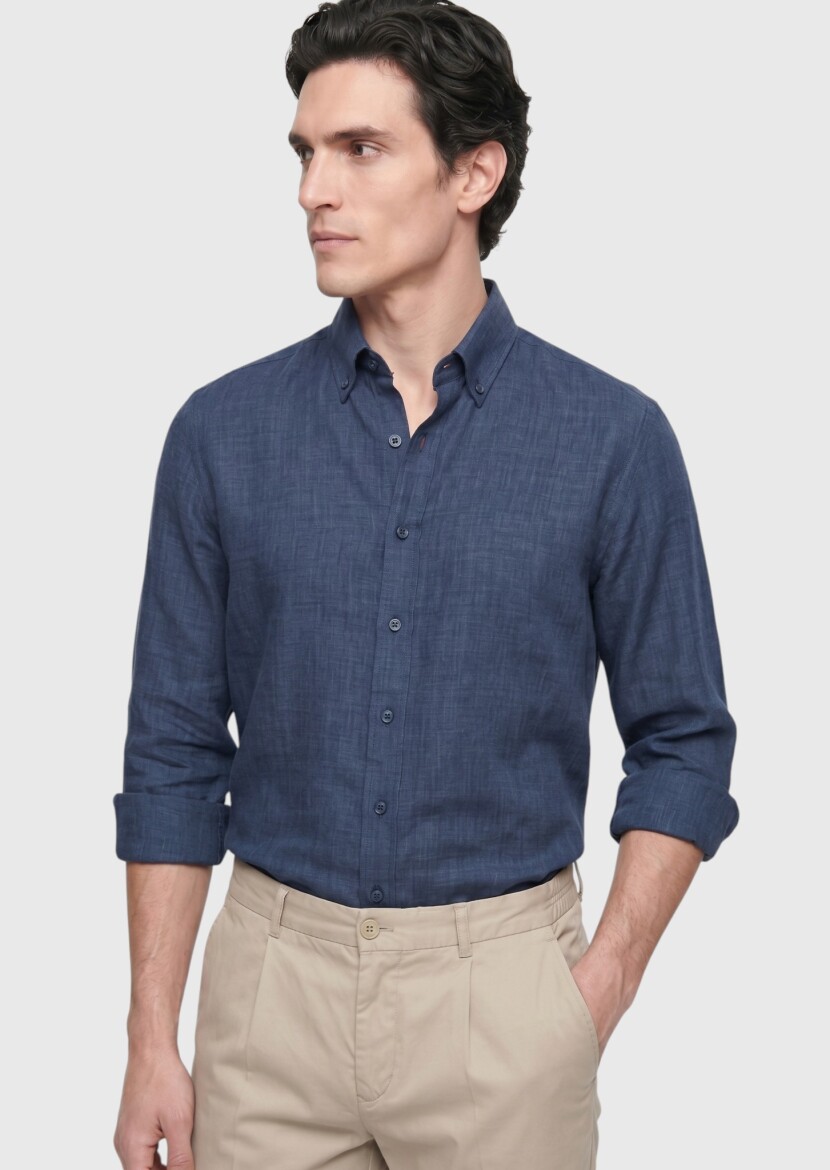 Navy Blue Plain Regular Fit Long Weaving Casual 100% Linen Shirt - RAMSEY