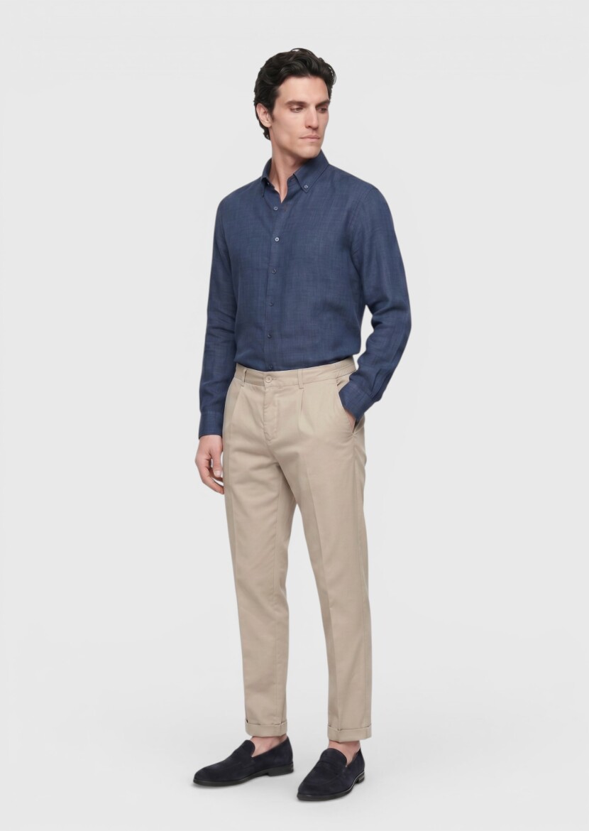 Navy Blue Plain Regular Fit Long Weaving Casual 100% Linen Shirt - 4