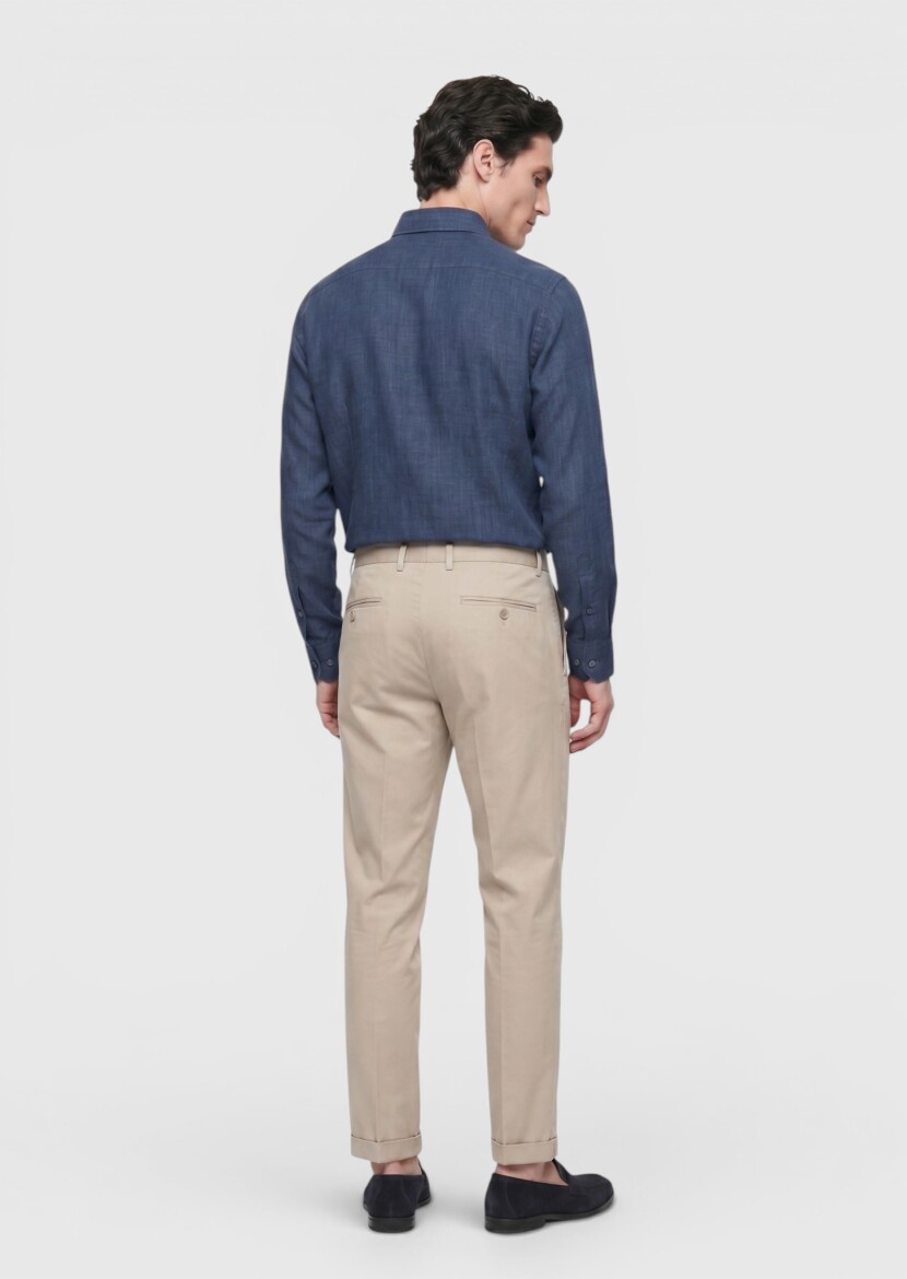 Navy Blue Plain Regular Fit Long Weaving Casual 100% Linen Shirt - 5