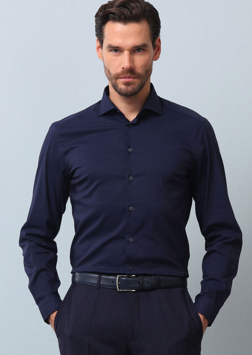 Navy Blue Plain Regular Fit Long Weaving Casual Cotton Blended Shirt - 2