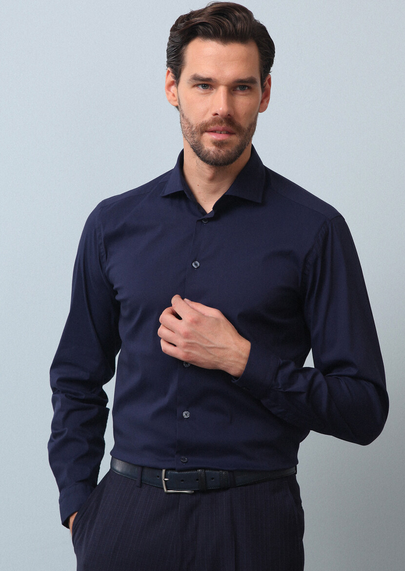 Navy Blue Plain Regular Fit Long Weaving Casual Cotton Blended Shirt - 3