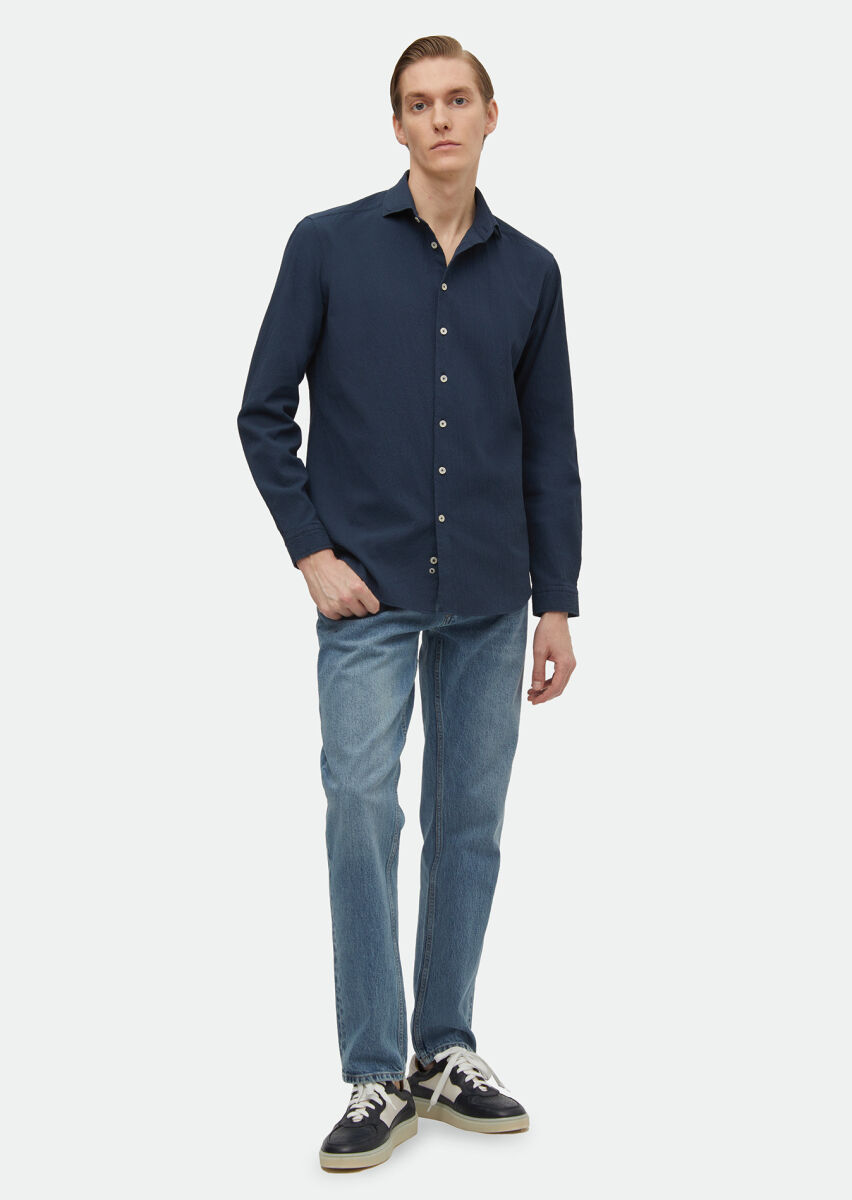 Navy Blue Plain Regular Fit Long Weaving Casual Cotton Blended Shirt - 2