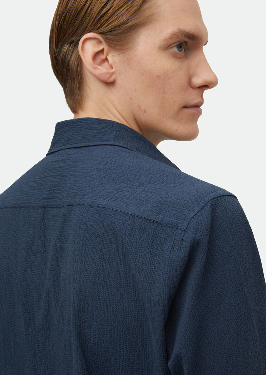 Navy Blue Plain Regular Fit Long Weaving Casual Cotton Blended Shirt - 3