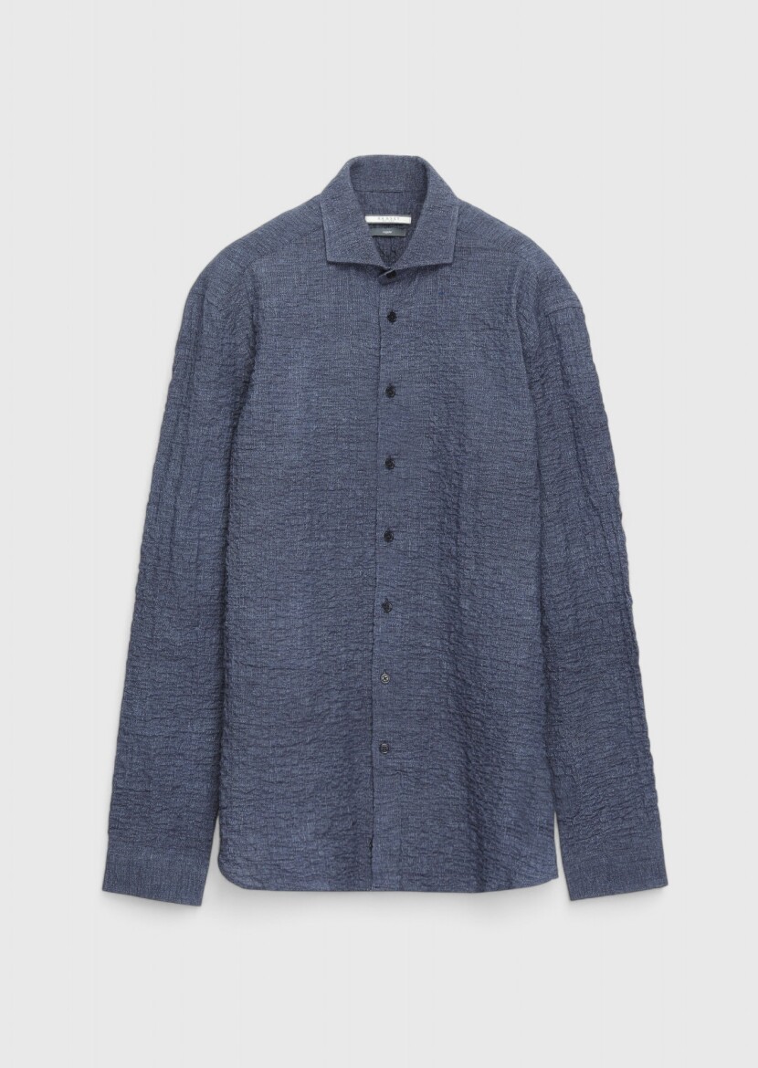 Navy Blue Plain Regular Fit Long Weaving Casual Cotton Blended Shirt 