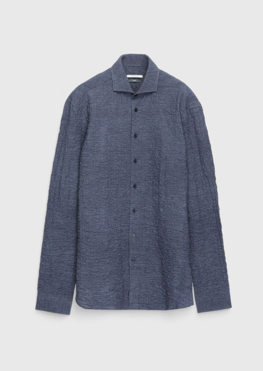Navy Blue Plain Regular Fit Long Weaving Casual Cotton Blended Shirt - 1