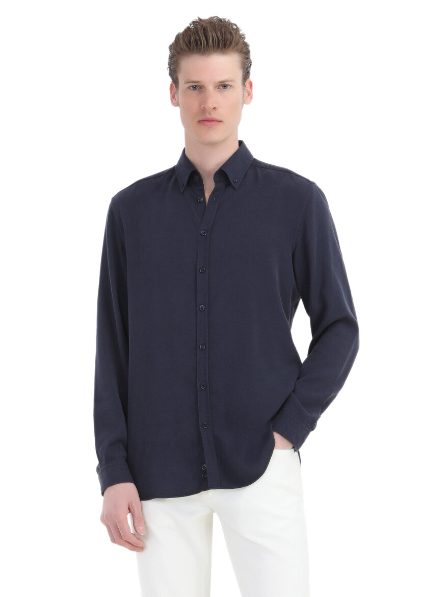 Navy Blue Plain Regular Fit Long Weaving Casual Shirt - 1