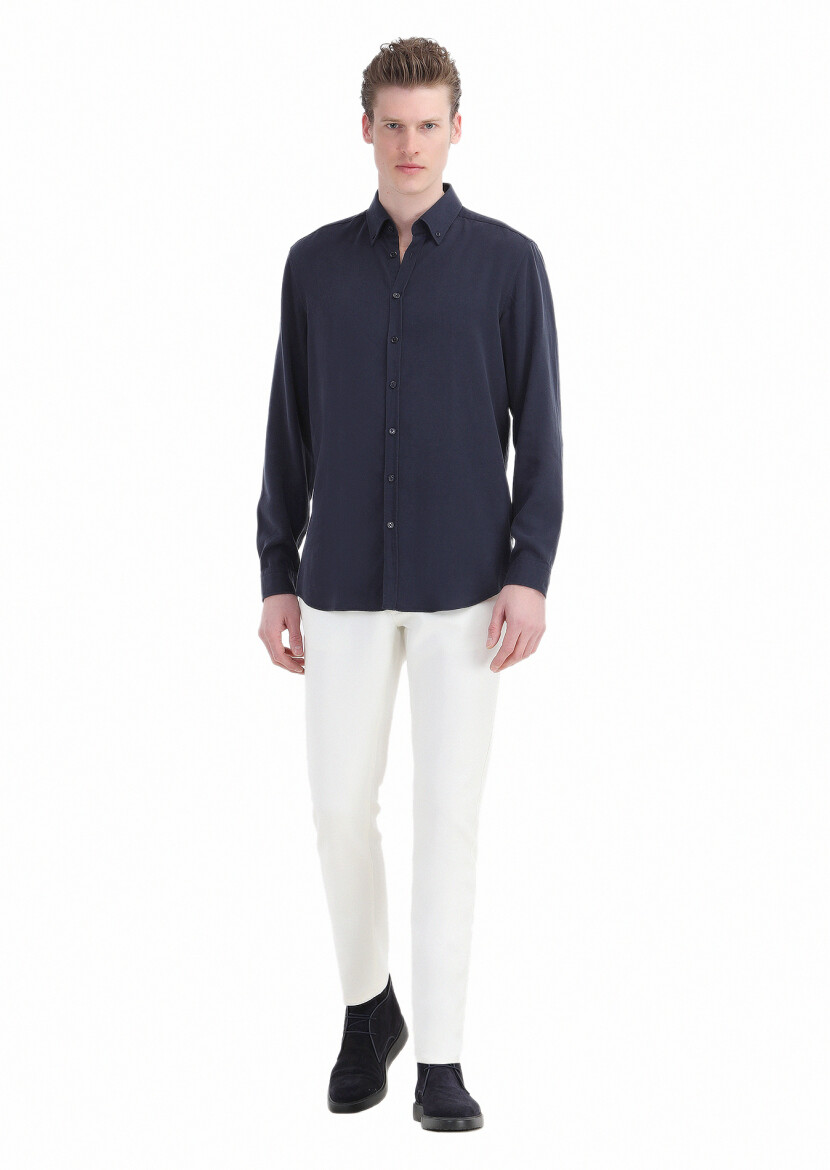 Navy Blue Plain Regular Fit Long Weaving Casual Shirt - 2