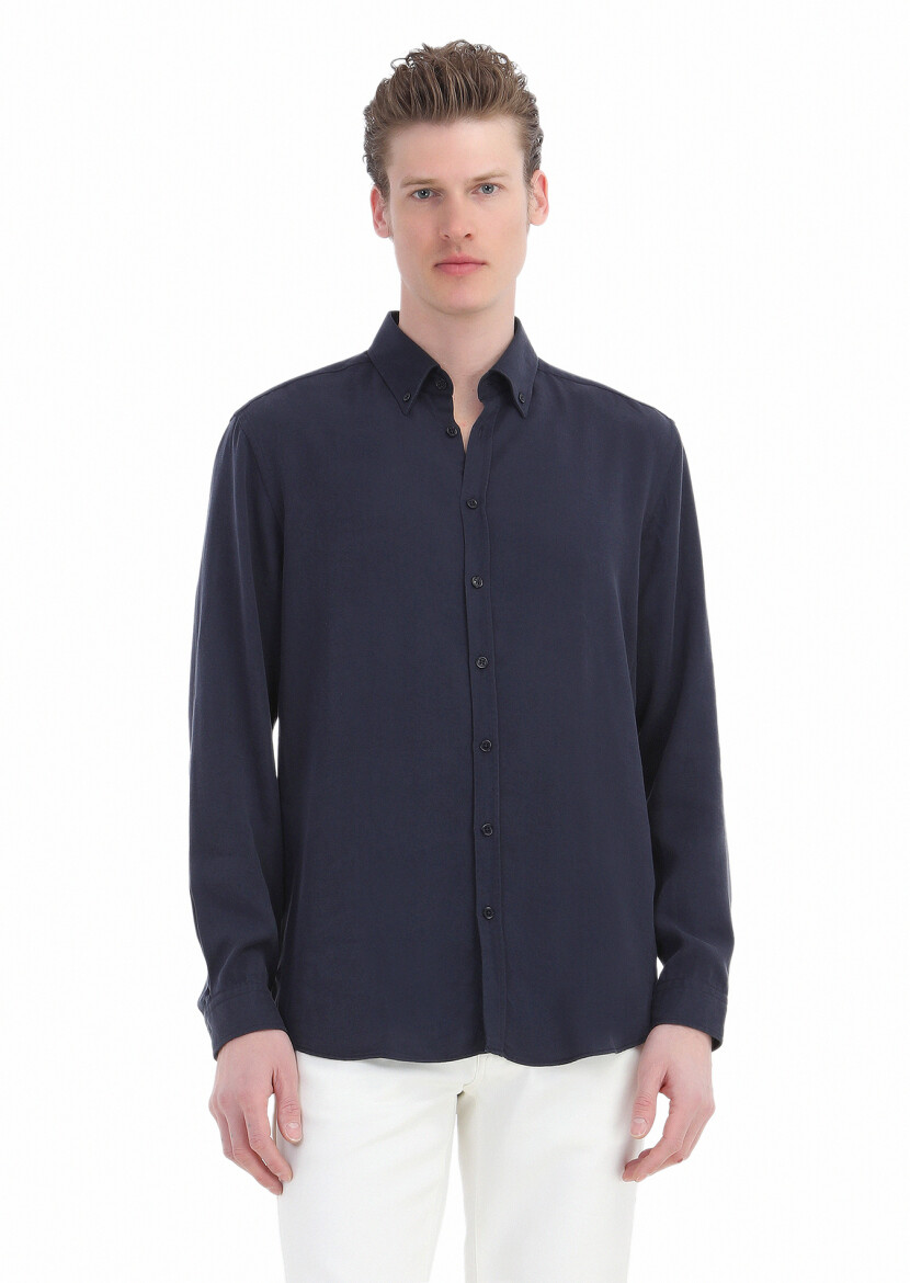 Navy Blue Plain Regular Fit Long Weaving Casual Shirt - 3