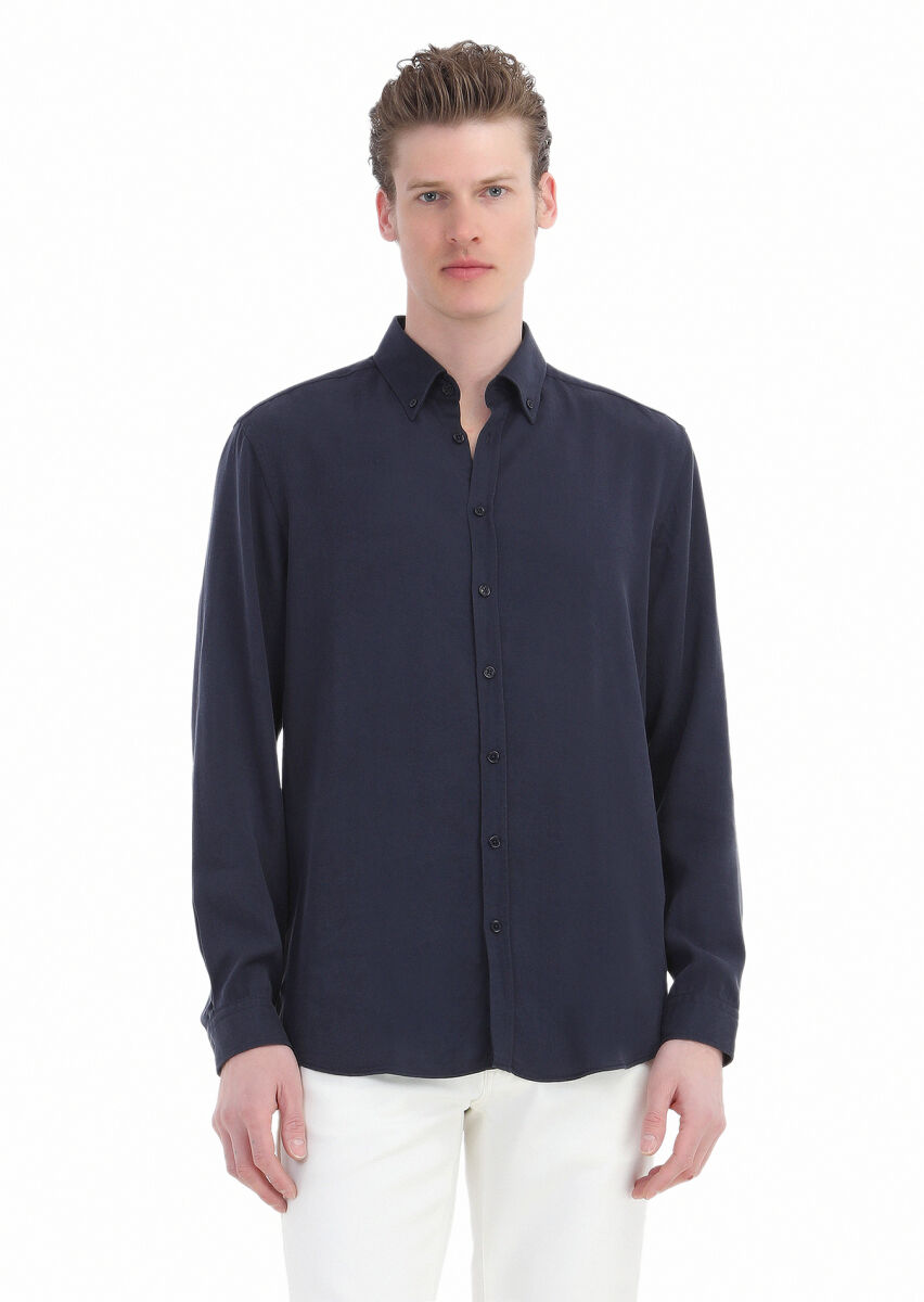 Navy Blue Plain Regular Fit Long Weaving Casual Shirt - 3