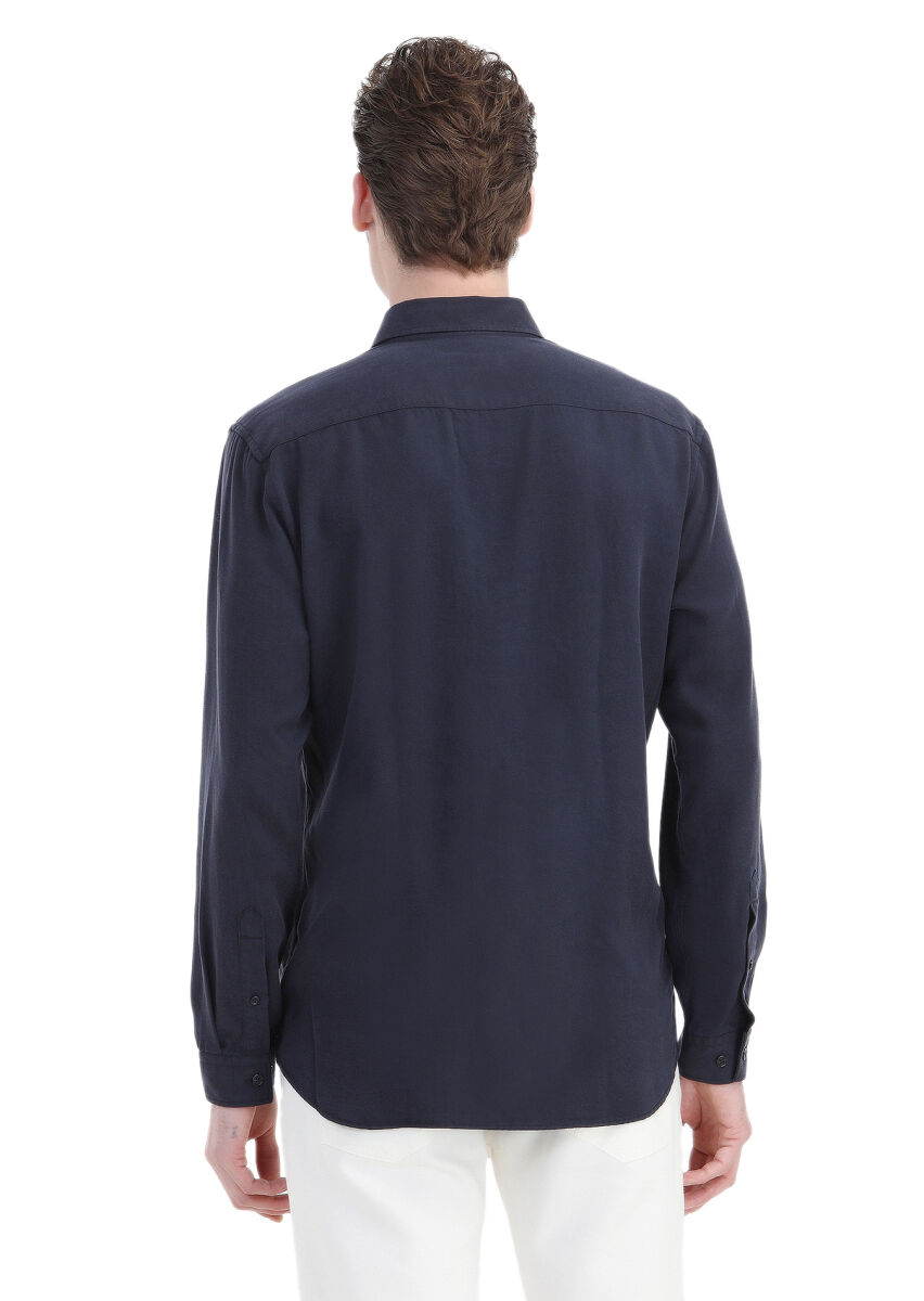 Navy Blue Plain Regular Fit Long Weaving Casual Shirt - 6
