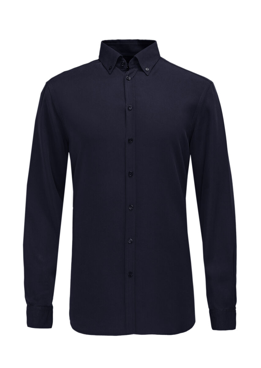 Navy Blue Plain Regular Fit Long Weaving Casual Shirt - 7