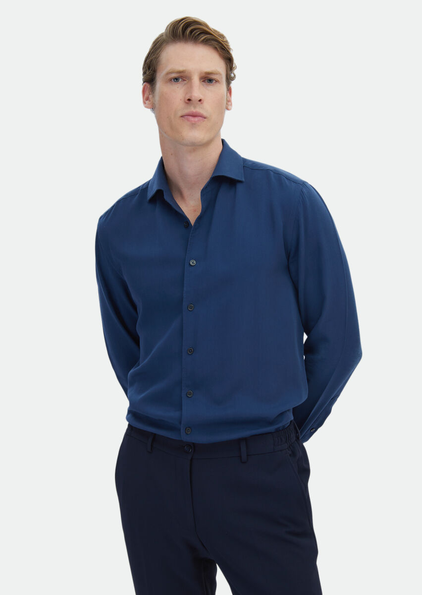 Navy Blue Plain Regular Fit Long Weaving Casual Shirt - 1