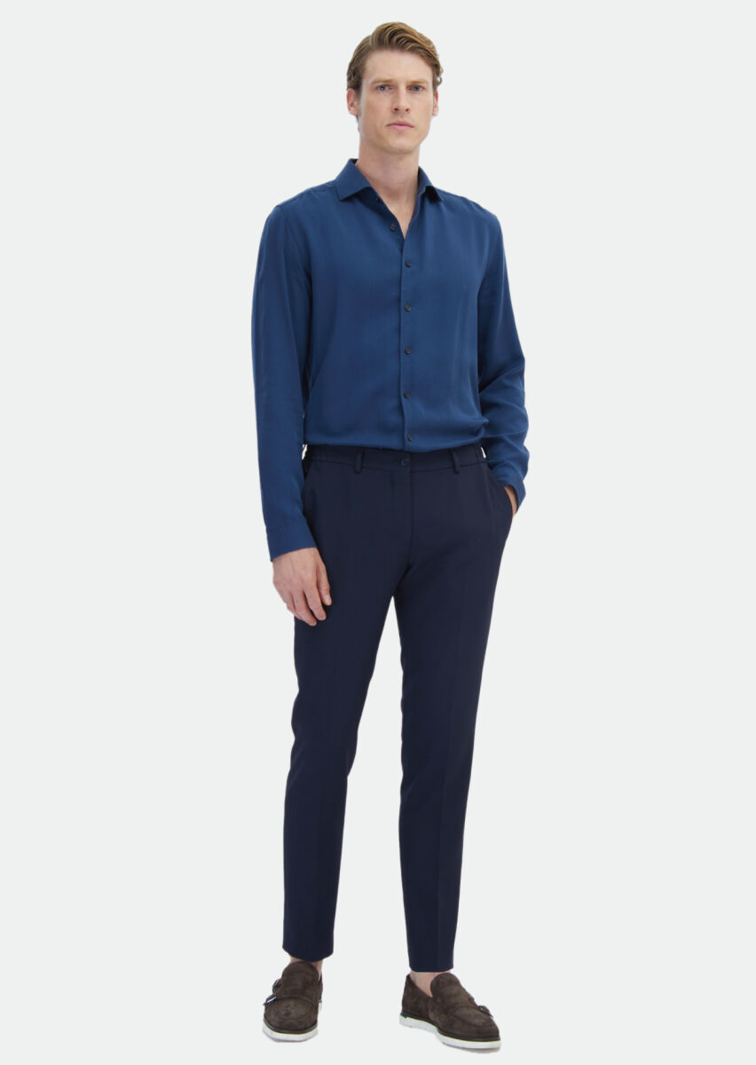 Navy Blue Plain Regular Fit Long Weaving Casual Shirt - 2