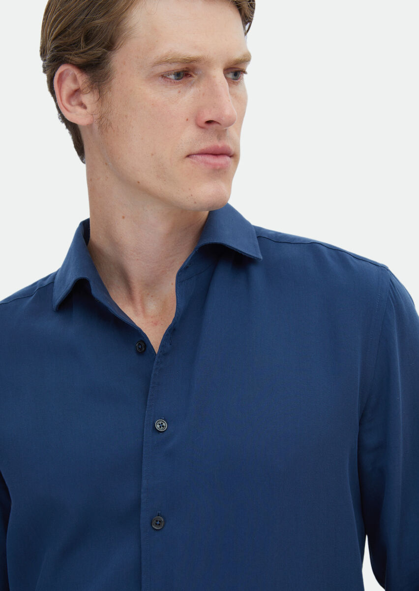 Navy Blue Plain Regular Fit Long Weaving Casual Shirt - 3